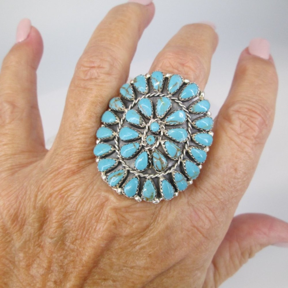 Navajo Sterling Turquoise Cluster Ring>Turquoise ring,Sterling Genuine Turquoise